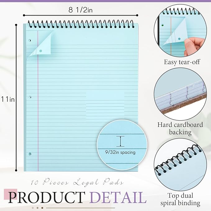 10 Packs 8.5" x 11" Top Spiral Notebook with 3 Hole Punched Legal Pads College Ruled Notepad 50 Sheets Hard Cardboard Paper Wirebound Notepad for Office School Business (Pink,Blue,Purple)-DeskoryOffice