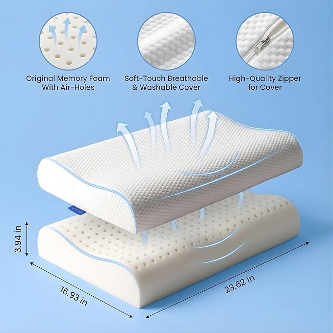 Original Contour Memory Foam Pillow with Bag – Ergonomic Cervical Neck Pillow for Side and Back Sleepers – Neck Alignment and Shoulder Support Design