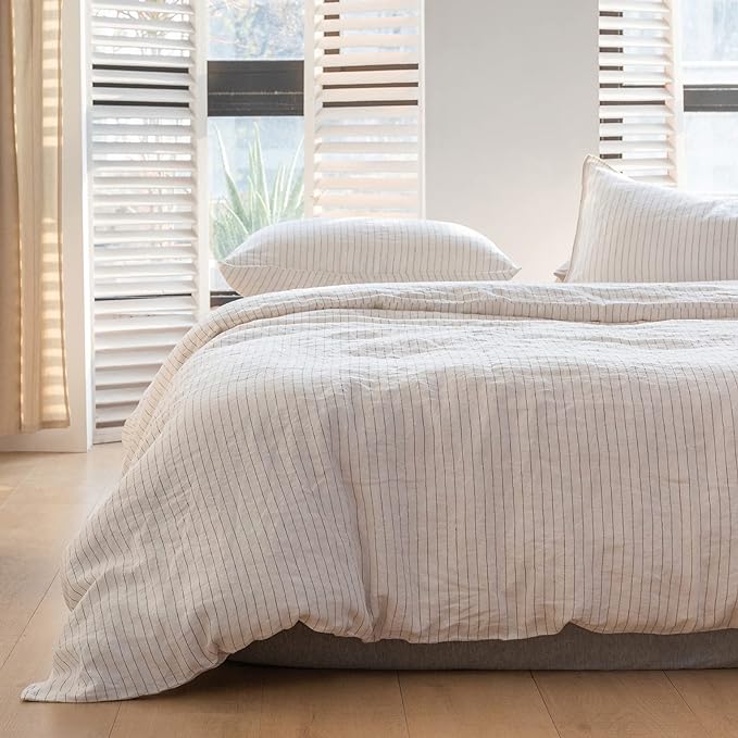 Simple&Opulence 100% Linen Duvet Cover Set 3pcs Yarn Dyed Vertical Pinstripe - Image 7