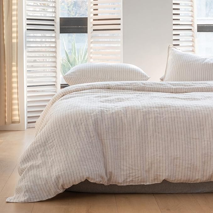 Simple&Opulence 100% Linen Duvet Cover Set 3pcs Yarn Dyed Vertical Pinstripe by SimpleOpulence