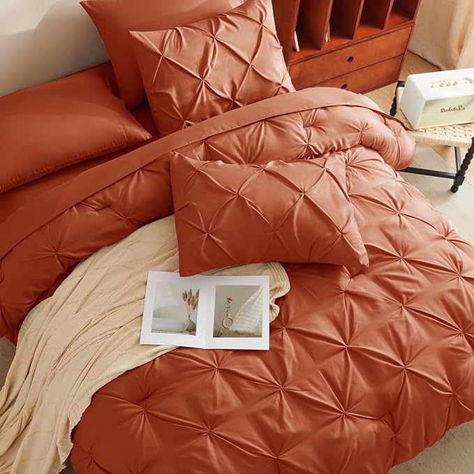 HIMEET Pintuck Bed in a Bag, 7 Pieces Queen Size Comforter Set Burnt Orange - Image 4