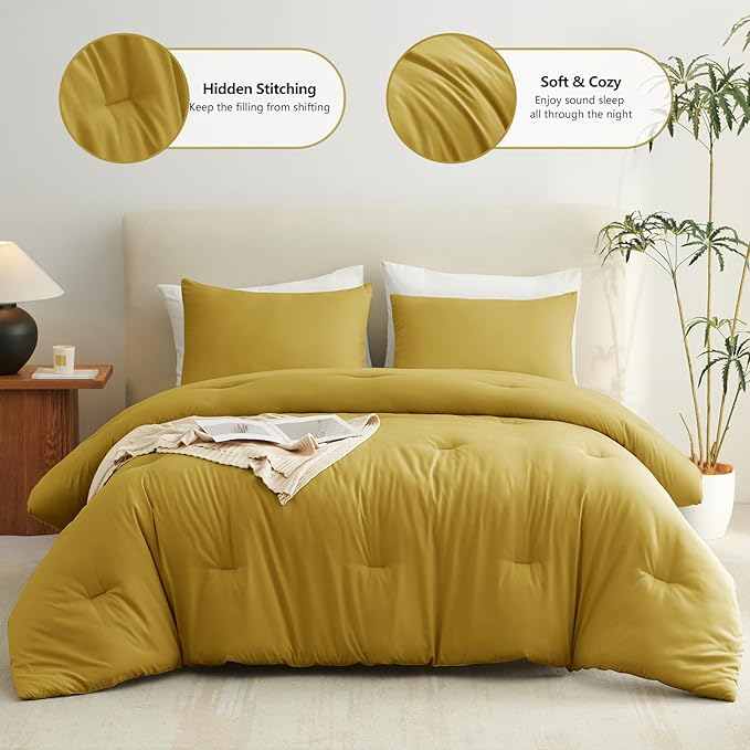 CozyLux King Size Comforter Set Mustard Yellow, 3 Pieces Solid Comforters King - Image 2