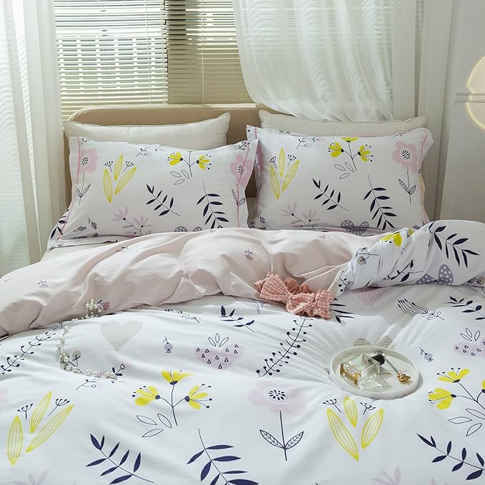 mixinni Girls Duvet Cover Twin Size Blossom Duvet Cover Cotton Flower White - Image 2