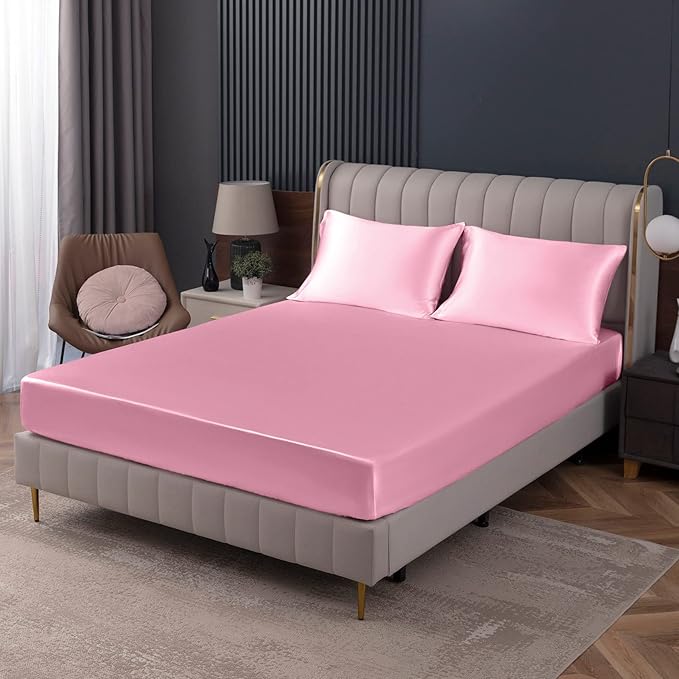 Homiest Pink Satin Fitted Sheet Twin Size, Deep Pocket, Luxury & Ultra Soft by Homiest