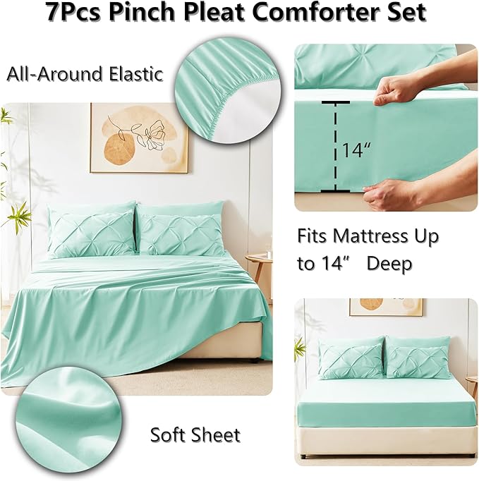 CozyLux King Size Comforter Set Mint Green, 7 Pieces Pintuck Bed in A Bag Green - Image 6