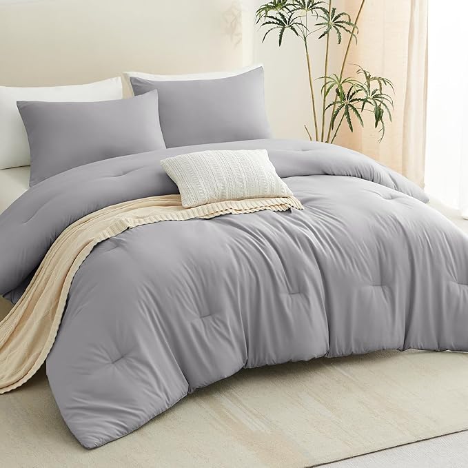 CozyLux Queen Comforter Set Grey, 3 Pieces Solid Comforters Queen Size - Image 8
