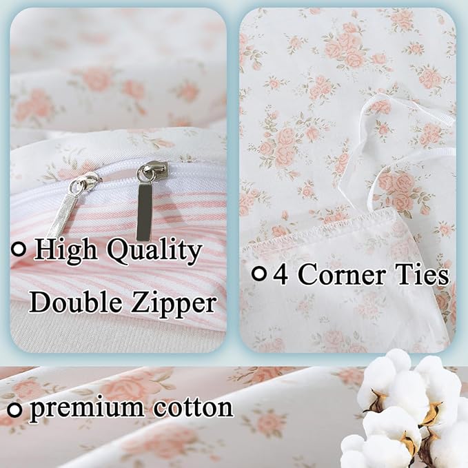 FADFAY Twin Duvet Cover Set Pink Floral Comforter Cover 100% Cotton Girls Pink - Image 3
