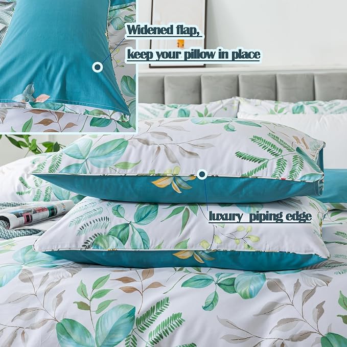 FADFAY Botanical Duvet Cover Sets Queen Size 100% Cotton Teal Green Leaves - Image 5