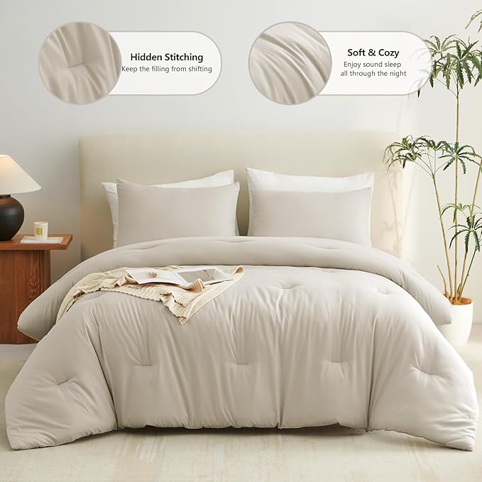 CozyLux Full Size Comforter Set Oatmeal, 3 Pieces Solid Breathable Quilted - Image 2