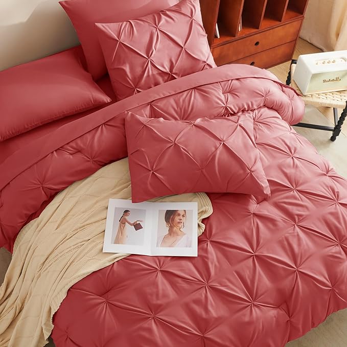 CozyLux Queen Comforter Set Coral, 7 Pieces Pintuck Bed in A Bag, Premium Coral - Image 4