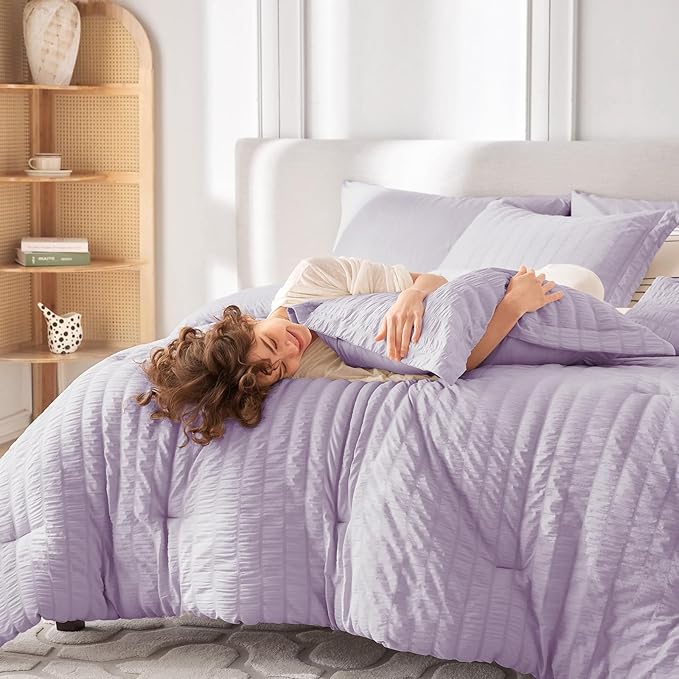 MUXHOMO 7 Pieces King Comforter Set, Seersucker Bed in a Bag King Size - Image 7