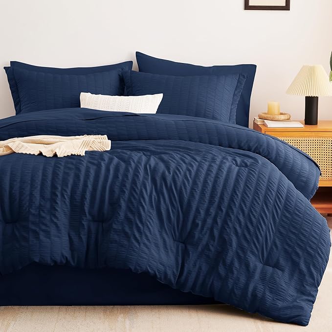 CozyLux King Size Comforter Set Navy Blue Seersucker 7 Pieces Bed in a Bag King - Image 9
