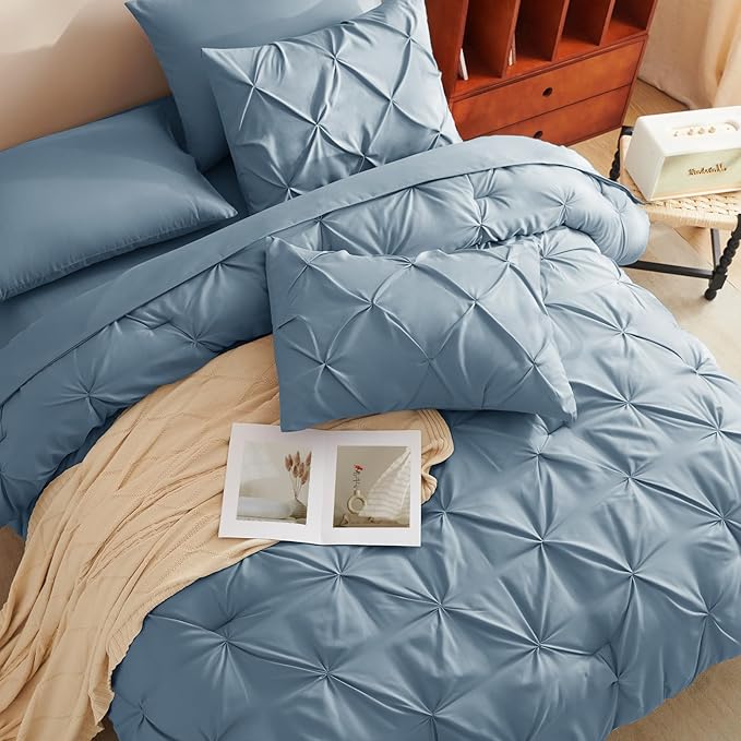 CozyLux King Size Comforter Set Mineral Blue, 7 Pieces Pintuck Bed in A Bag - Image 4