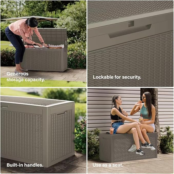 100 Gallon Outdoor Storage Box Waterproof Lockable Resin Deck Box Large, Patio Storage Bin for Pool Accessories Cushion Furniture, Garden Tools, UV-Resistant Outside Delivery Grey-DeskoryOffice