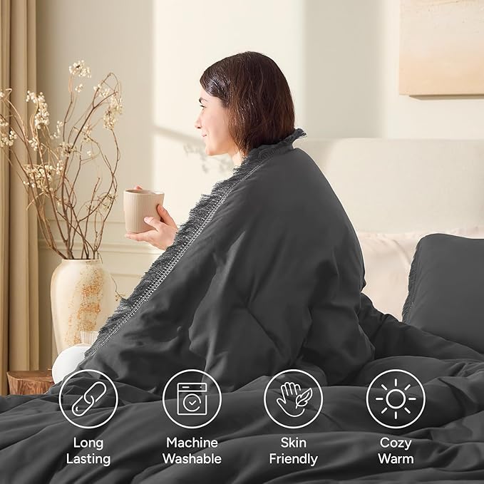 Andency Queen Comforter Set Dark Grey, 3 Pieces Boho Tassel Lightweight Bedding - Image 4