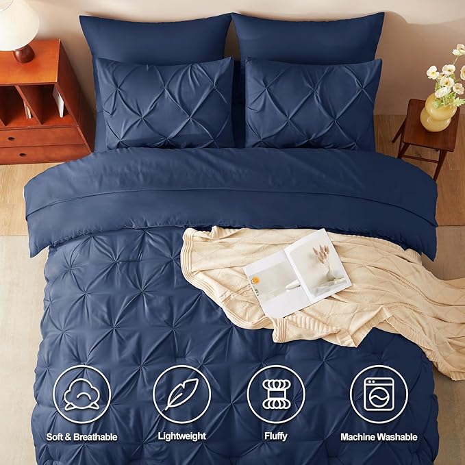HIMEET Pintuck Bed in a Bag, 7 Pieces Full Size Comforter Set Navy Blue - Image 2