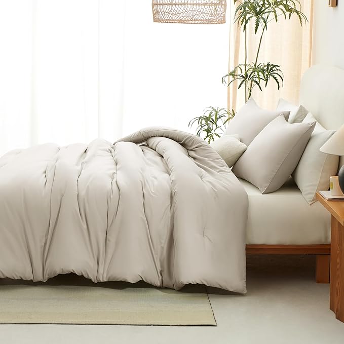 CozyLux Oversized Queen Comforter Set Beige, 3 Pieces 98x98 Solid Breathable - Image 7