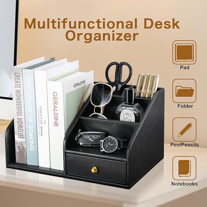 KINGFOM PU Leather Desk Organizer, Multifunction 6 Compartment Desk Organizers and Accessories for Office Supplies, Pen Pencil Holder/Book Mail Organizer Holder for Desk with Drawer(Black)-DeskoryOffice