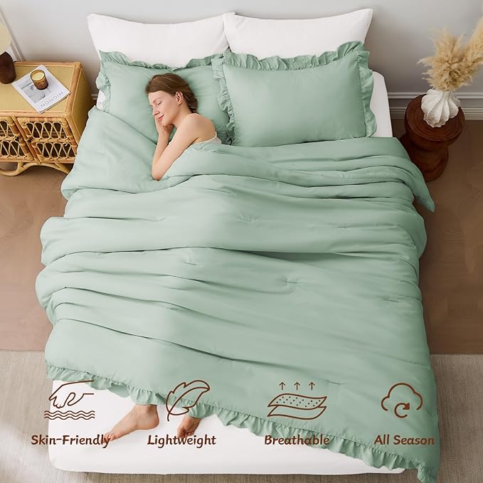 FUANNA Queen Comforter Set Sage Green, 3 Pieces Ruffle Queen Bed Set, Fluffy - Image 2