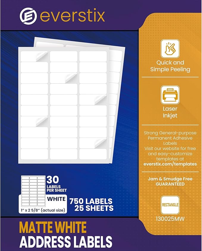 1" x 2-5/8", 25 Sheets, 750 Mailing Address Labels, White Sticker Labels for Laser & Inkjet Printers, Permanent Adhesive-DeskoryOffice