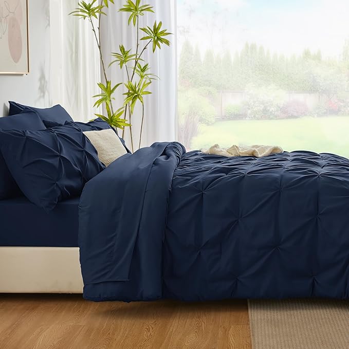CozyLux Full Size Comforter Sets Navy Blue, 7 Pieces Pintuck Bed in A Bag Blue - Image 9