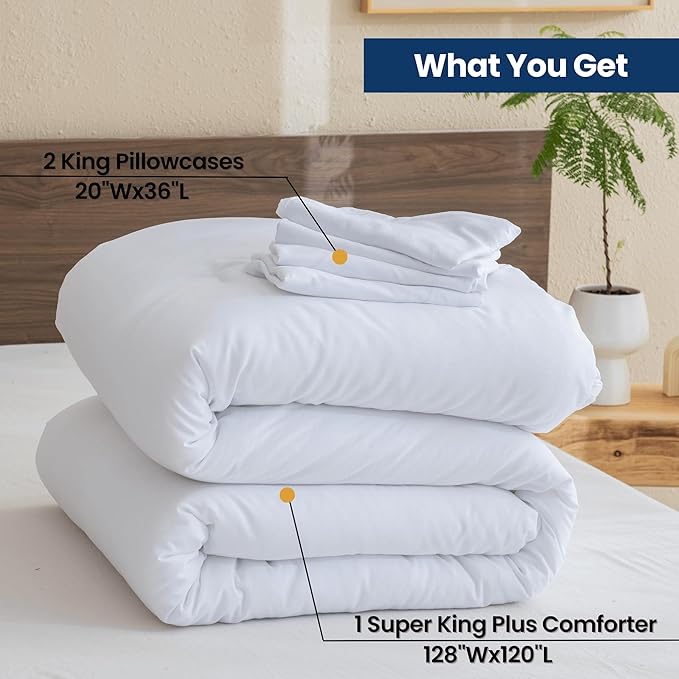 Paxrac White Super King Plus Comforter Set 128x120In, 3 Pieces Oversized King - Image 7
