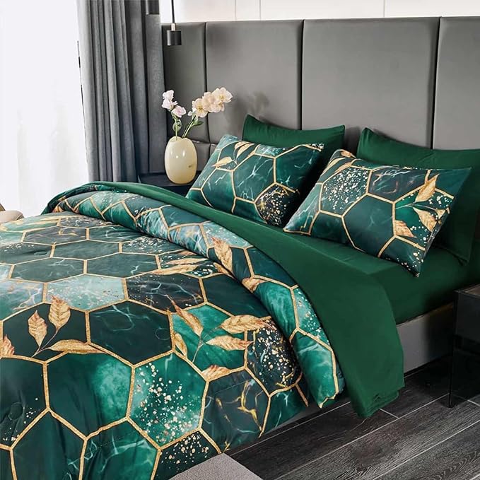 Nanko Emerald Dark Green Gold Printed Queen Size Comforter Set 3 Pcs - Image 2