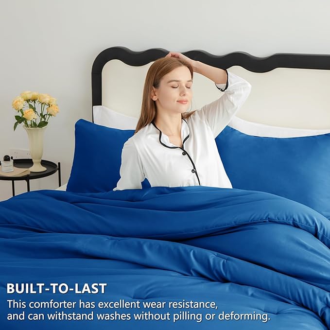 CozyLux King Size Comforter Set Classic Blue, 3 Pieces Solid Comforters King - Image 3