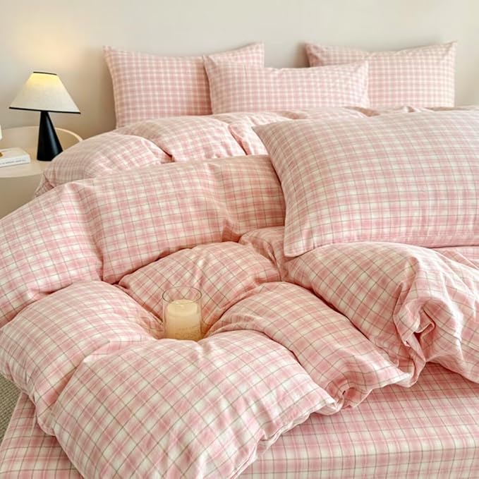 PinkMemory Pink Plaid Duvet Cover Set King 100% Washed Cotton Cute Pink Checked - Image 4