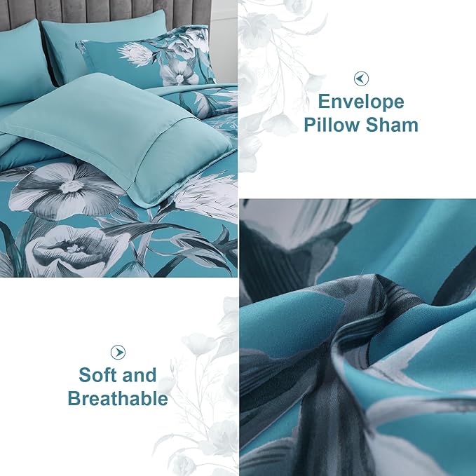 Luxudecor Floral Comforter Set Twin Size 5 Piece, Teal Blue Flower Bed in a Bag - Image 5
