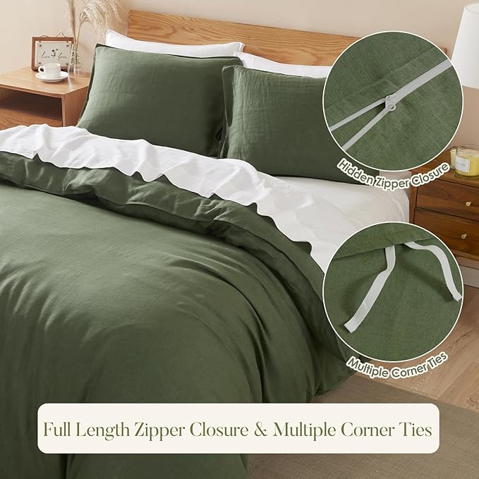 DAPU 100% Linen Olive Green Duvet Cover Set, Pure Natural French Flax Linen - Image 4