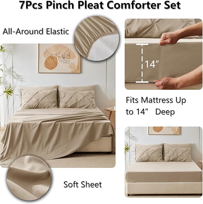 CozyLux Queen Comforter Set Taupe, 7 Pieces Pintuck Bed in A Bag, Premium Taupe - Image 5