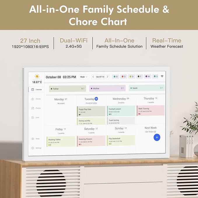 Digital Calendar Chore-Chart for-Family-Meal Planner - 27 inch Touchscreen Interactive Display Smart Calendar for Family To Do List, Dual-WiFi, Auto-Sync Google iCloud Outlook Calendars, Wall Mounted-DeskoryOffice