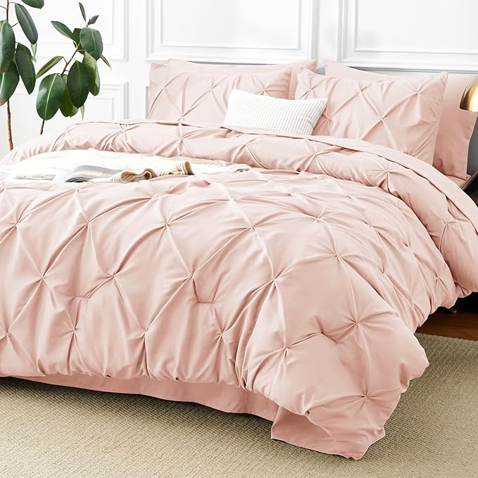 CozyLux King Size Comforter Set Peach Pink, 7 Pieces Pintuck Bed in A Bag Pink - Image 9