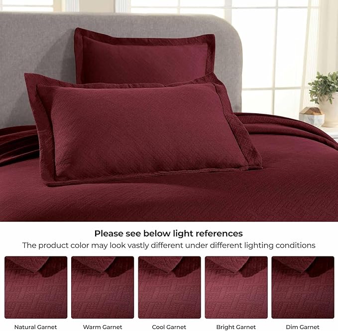 Superior 3 Piece Basketweave Cotton Bedspread Set, Home Bed Decor, Decorative Bed Spread, 2 Pillow Shams, Medium Weight Blanket, Matelasse Coverlet Bedding, Geometric Lattice Pattern, King, Garnet