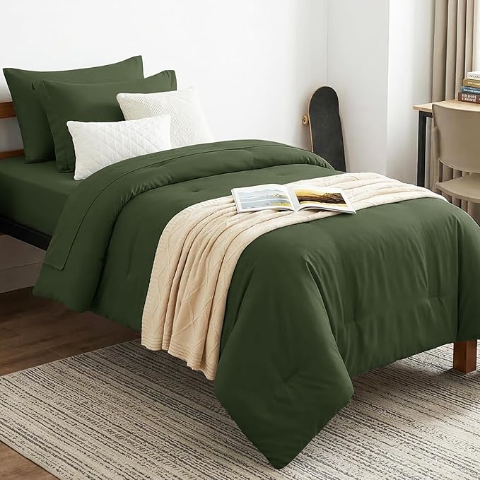 CozyLux Twin XL Comforter Set Olive Green, 5 Pieces Bed in a Bag Twin Extra by CozyLux