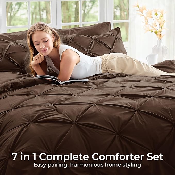 Sasttie California King Comforter Set, 7-Piece Bed in a Bag Cal King, Pintuck - Image 6