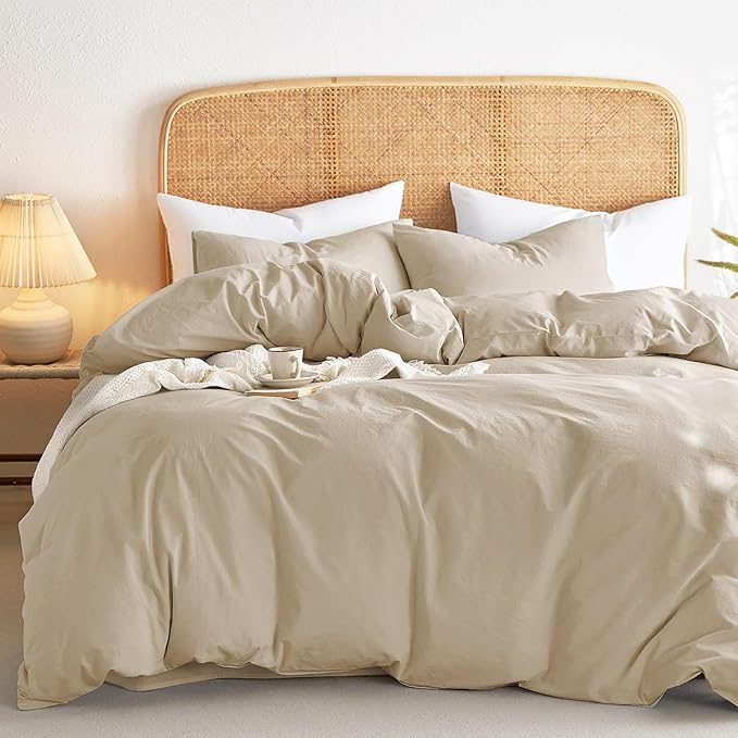 Wake In Cloud - Cotton Duvet Cover Set, Queen Size, Khaki Linen Color, 100% by WakeInCloud