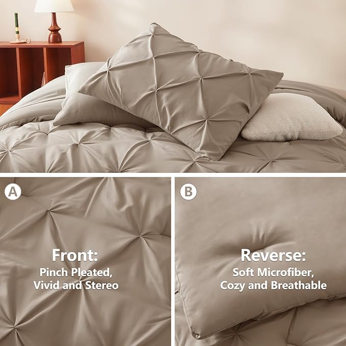 CozyLux Queen Comforter Set Khaki, 7 Pieces Pintuck Bed in A Bag, Premium Khaki - Image 3