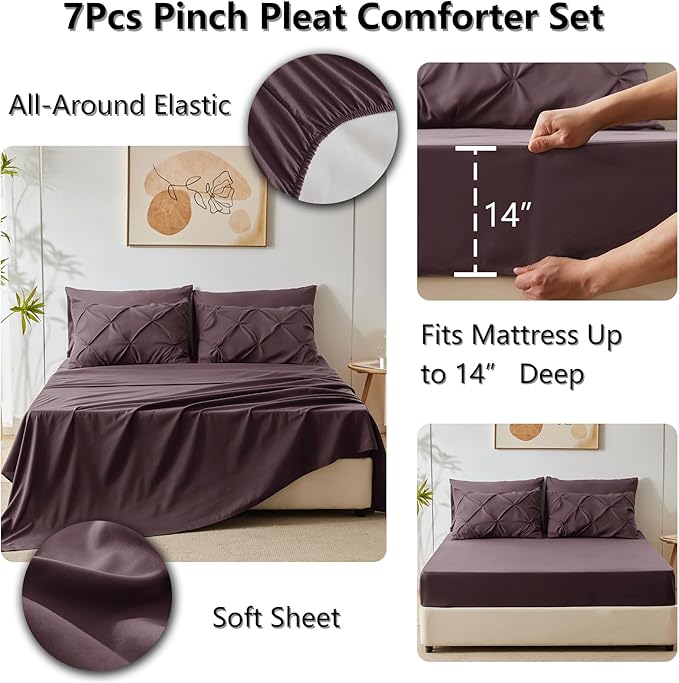 CozyLux Queen Comforter Set Cocoa Powder, 7 Pieces Pintuck Bed in A Bag - Image 5