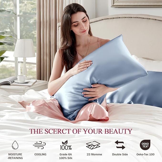 100% Silk Pillow Cases 2 Pack Queen Size Mulberry Silk Pillowcase Set of 2 - Image 6