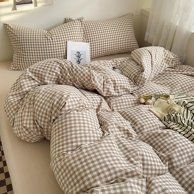 Nayoroom Brown Gingham Duvet Cover Full Size Tan White Plaid Checkered Duvet - Image 5