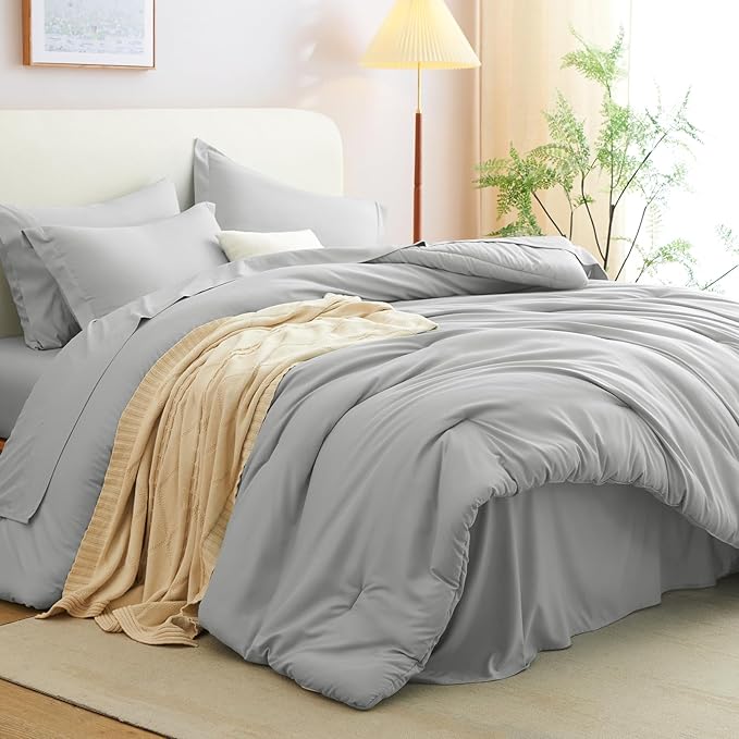 CozyLux Queen Comforter Set Light Grey, 7 Pieces Bed in a Bag Queen Comforter - Image 8