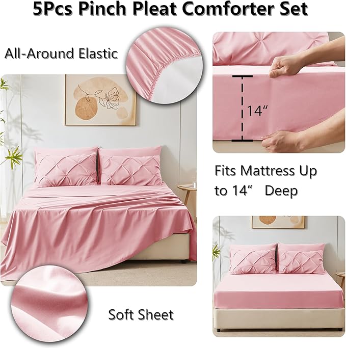 HIMEET Pintuck Bed in a Bag, 5 Pieces Twin XL Comforter Set Pink, Extra Long - Image 6