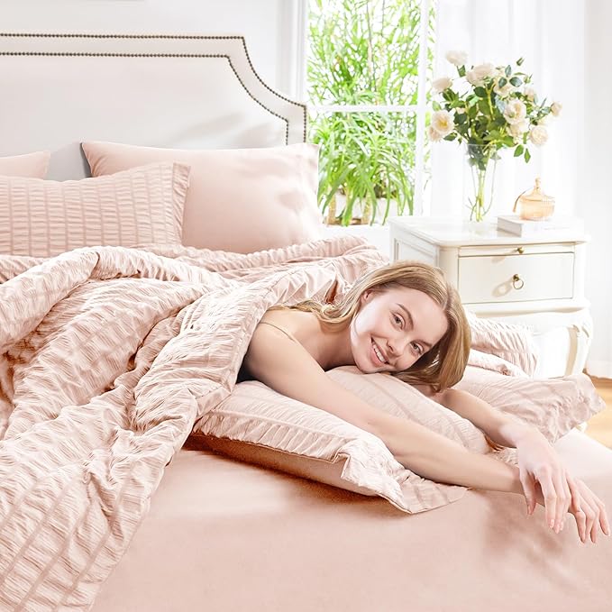 CozyLux Oversized King Comforter Set Blush Pink Seersucker 7 Pieces 120x98 Bed - Image 5