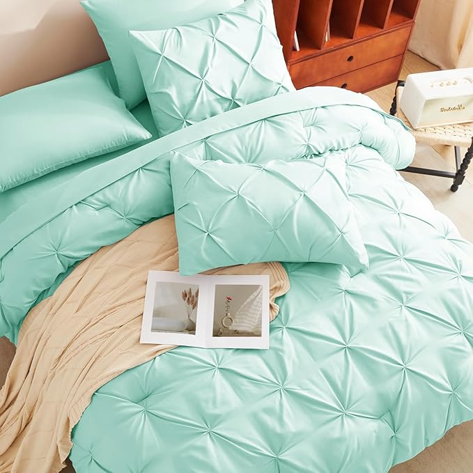 CozyLux King Size Comforter Set Mint Green, 7 Pieces Pintuck Bed in A Bag Green - Image 4