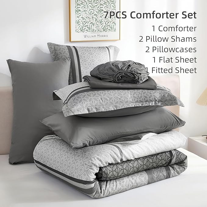 WONGS BEDDING Grey Comforter Set Queen Size, 7 Pieces Striped Bed in a Bag - Image 7