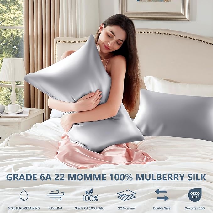 Silk Pillow Cases 2 Pack King Size Mulberry Silk Pillowcase Set of 2 - Image 6
