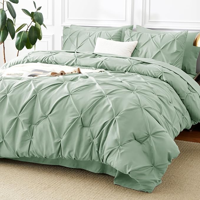 CozyLux King Size Comforter Set Sage Green, 7 Pieces Pintuck Bed in A Bag Green by CozyLux