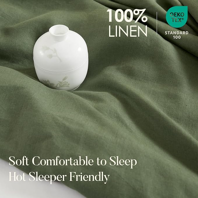 DAPU 100% Linen Olive Green Duvet Cover Set, Pure Natural French Flax Linen - Image 2